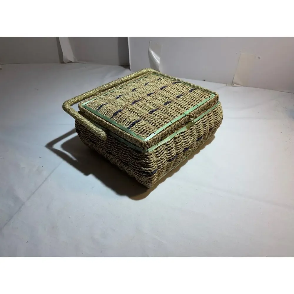 Vintage Woven Sewing Basket with Satin Lining